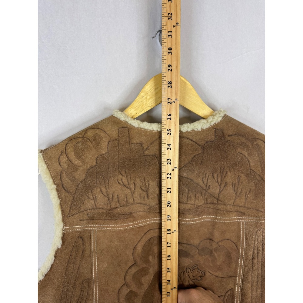 Vintage Western Tooled Leather Horse Vest Brown Suede Faux Shearling Mens L - Picture 10 of 10
